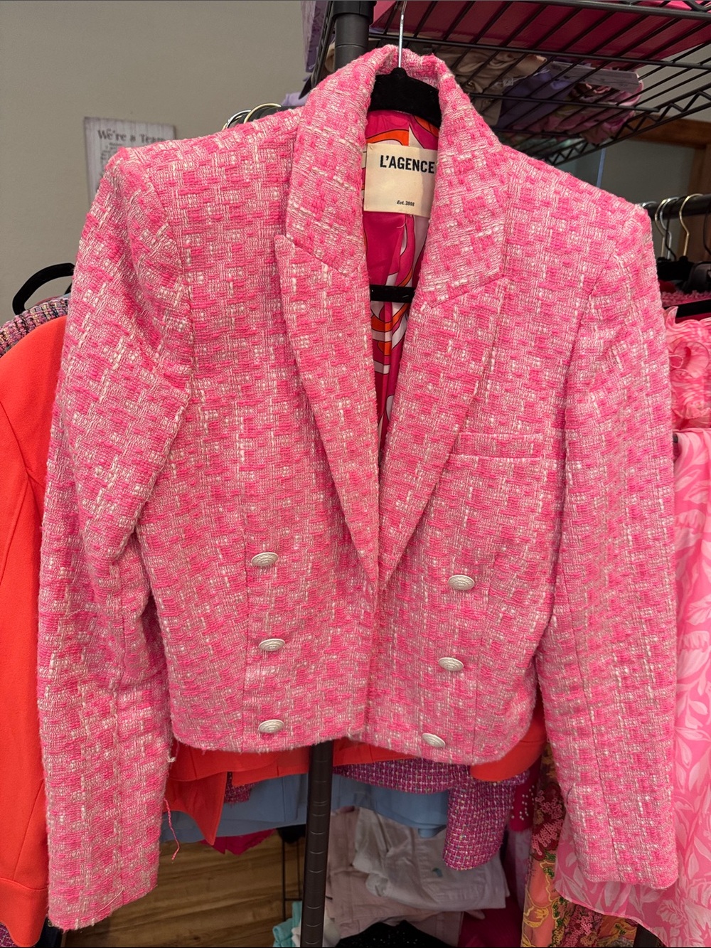 L'AGENCE Hot Pink Tweed Double-Breasted Blazer